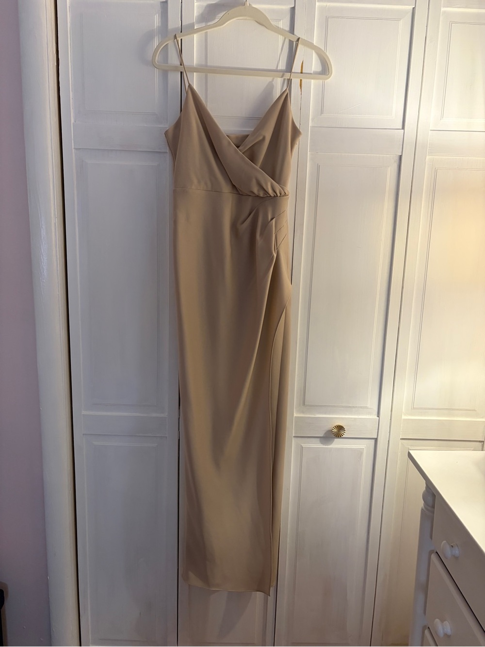 BHLDN Neutral Tan Satin Maxi Slip Dress with Draped V-Neck